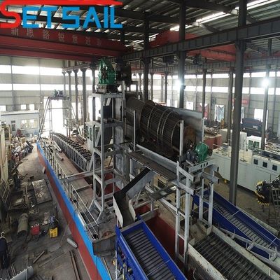 Hull Length 24-50 Meter Bucket Chain River Diamond Dredger con Agitación Gold Chute