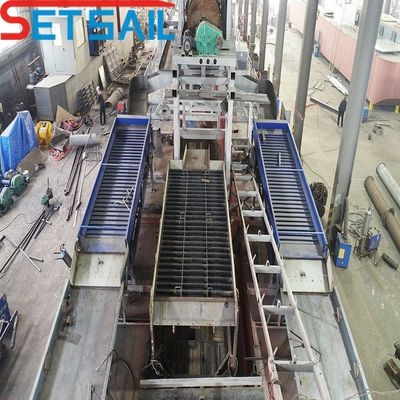 Hull Length 24-50 Meter Bucket Chain River Diamond Dredger con Agitación Gold Chute