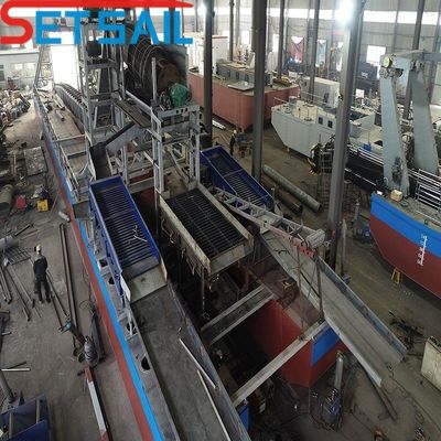 Hull Length 24-50 Meter Bucket Chain River Diamond Dredger con Agitación Gold Chute