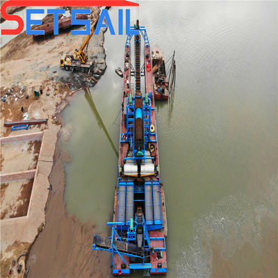Dimensión del casco 23m-49m Dredger de arena de oro de cubo de cadena de río personalizado con pantalla de tambor