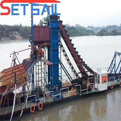 Dimensión del casco 23m-49m Dredger de arena de oro de cubo de cadena de río personalizado con pantalla de tambor