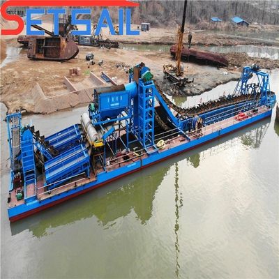 Dimensión del casco 23m-49m Dredger de arena de oro de cubo de cadena de río personalizado con pantalla de tambor